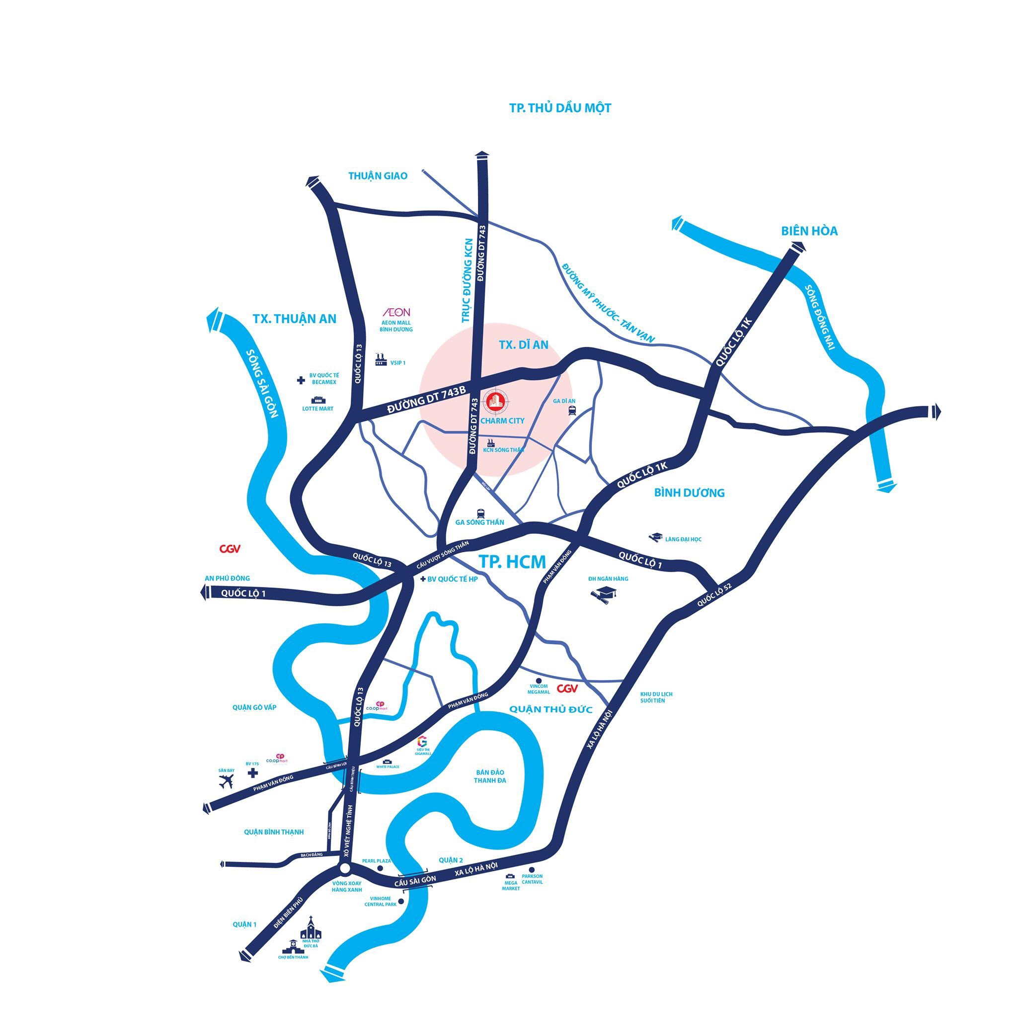 vị trí Charm Dĩ An Boutique Hotel và block Charm Diamond